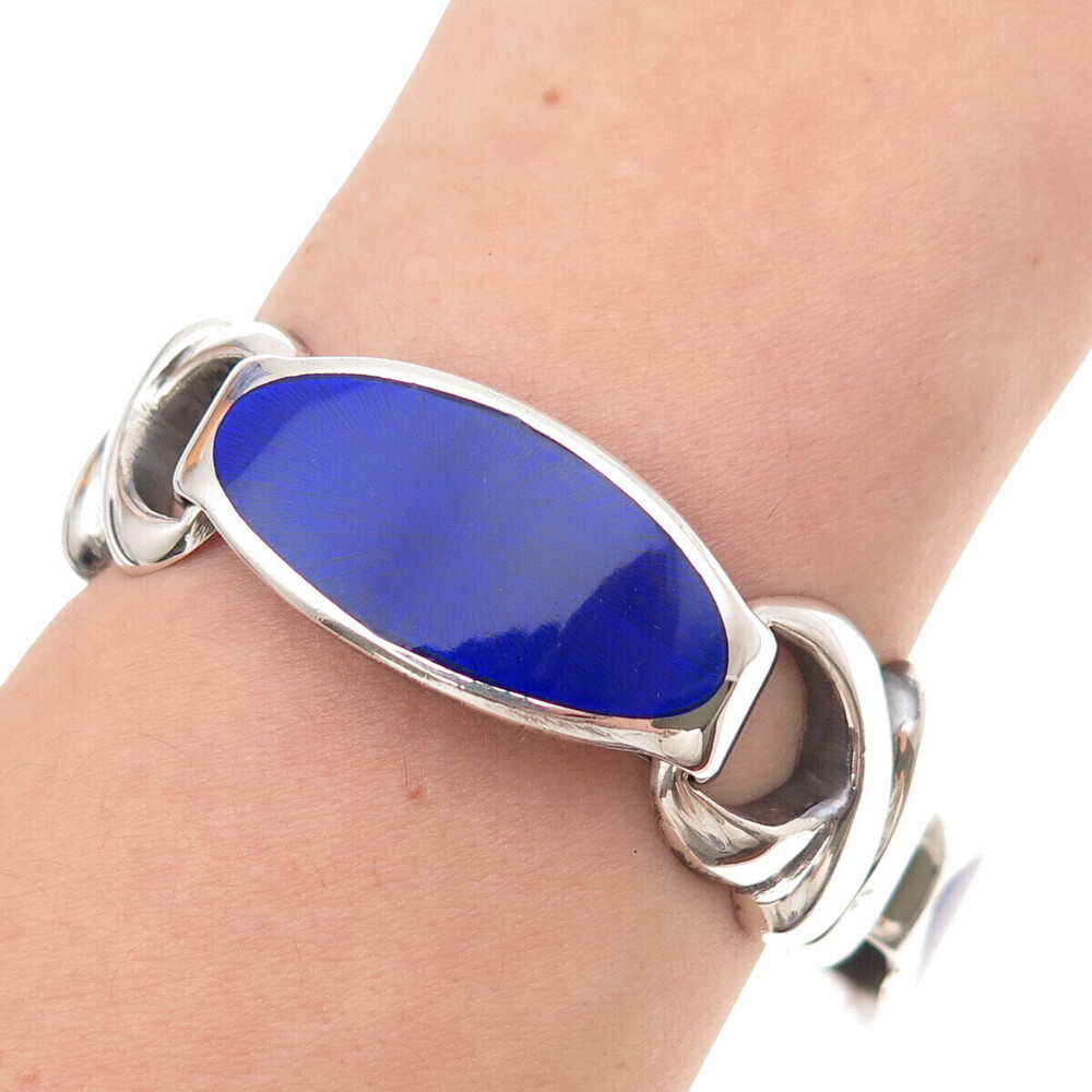 925 Sterling Silver Vintage Italy Enamel Oxidized Anchor Link Bracelet 7.25"